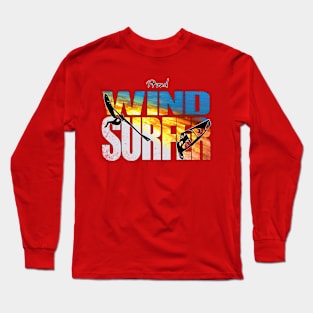 Proud Windsurfer Jumping Sunset Colors over Ocean Waves Long Sleeve T-Shirt